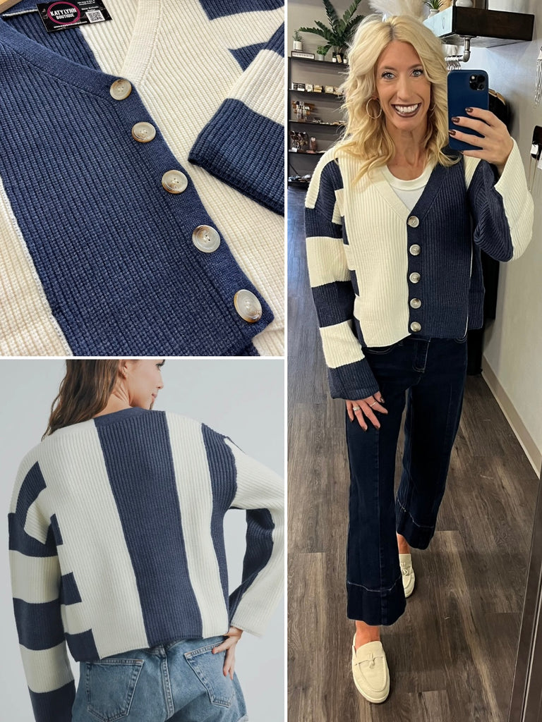 Rhonda Color-Block Cardigan - Navy/Cream