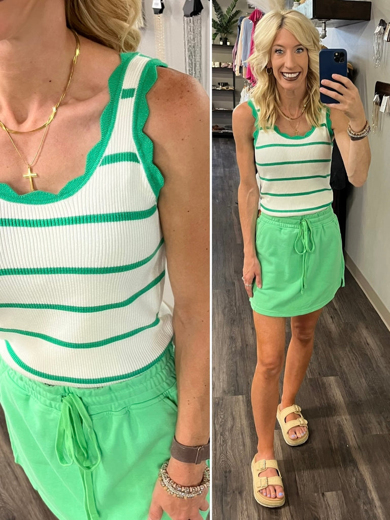 Ayla Scalloped Striped Tank - Green/White