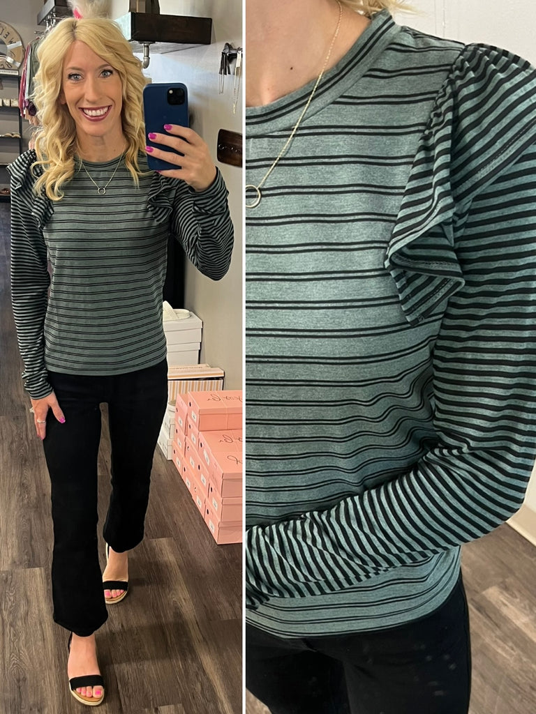 Izzy Teal Striped Ruffle Long Sleeve