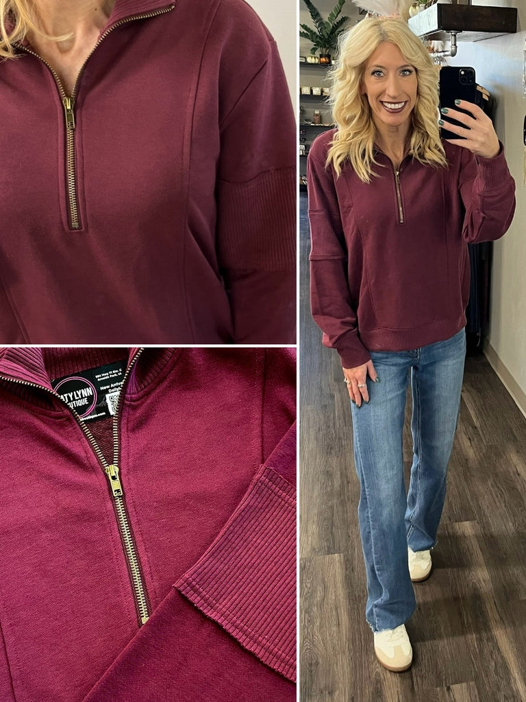Lindsey Ribbed Accent 1/4 Zip - Maroon