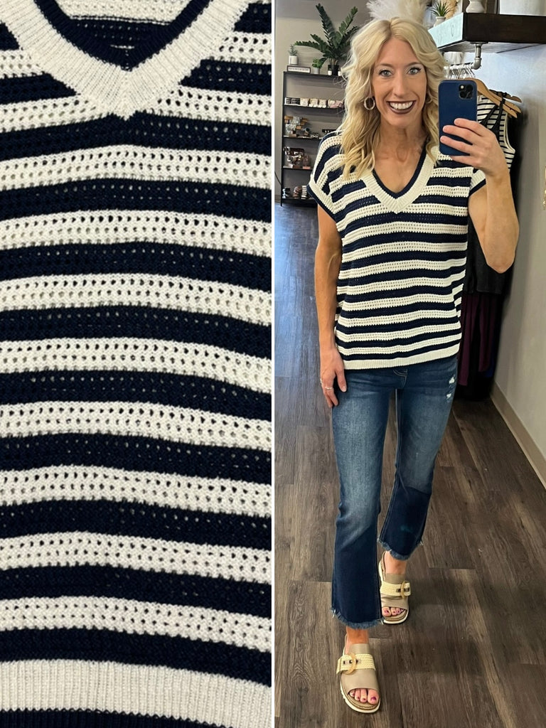 Hannah Open-Knit Striped Top - Navy