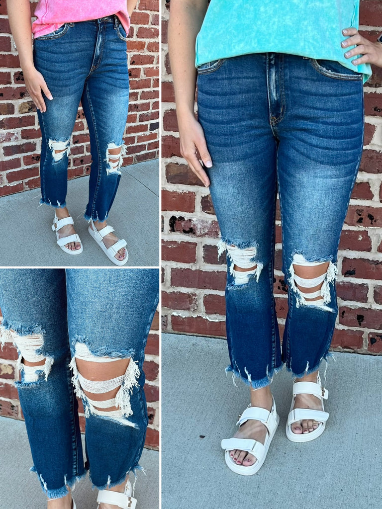 Mallory Distressed Kick - Crop Denim