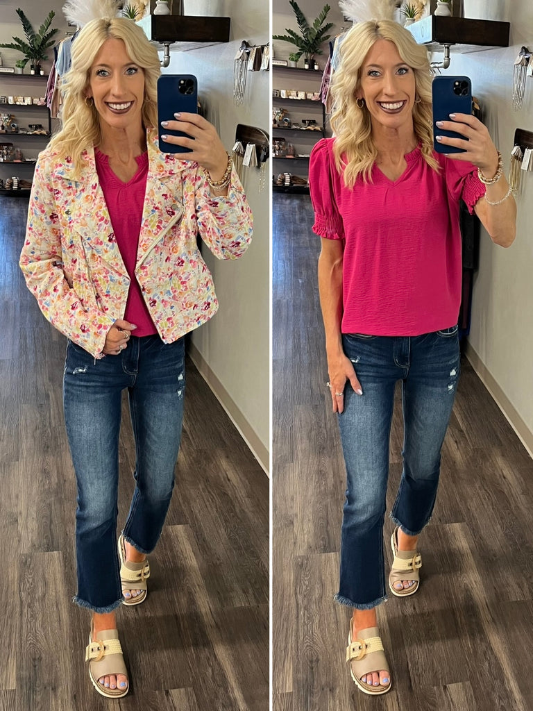 Lexi Smocked Sleeve Blouse - Hot Pink