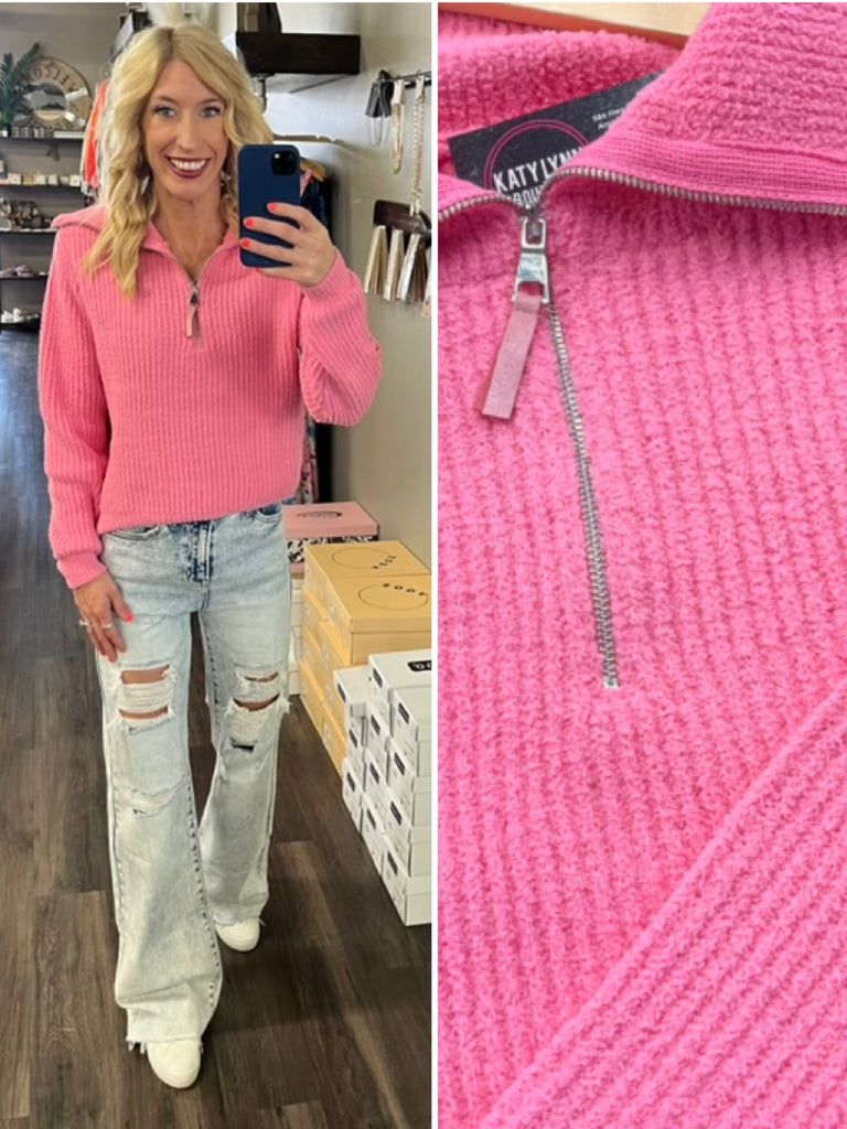 Rose Plush Zip Sweater - Bubble Gum