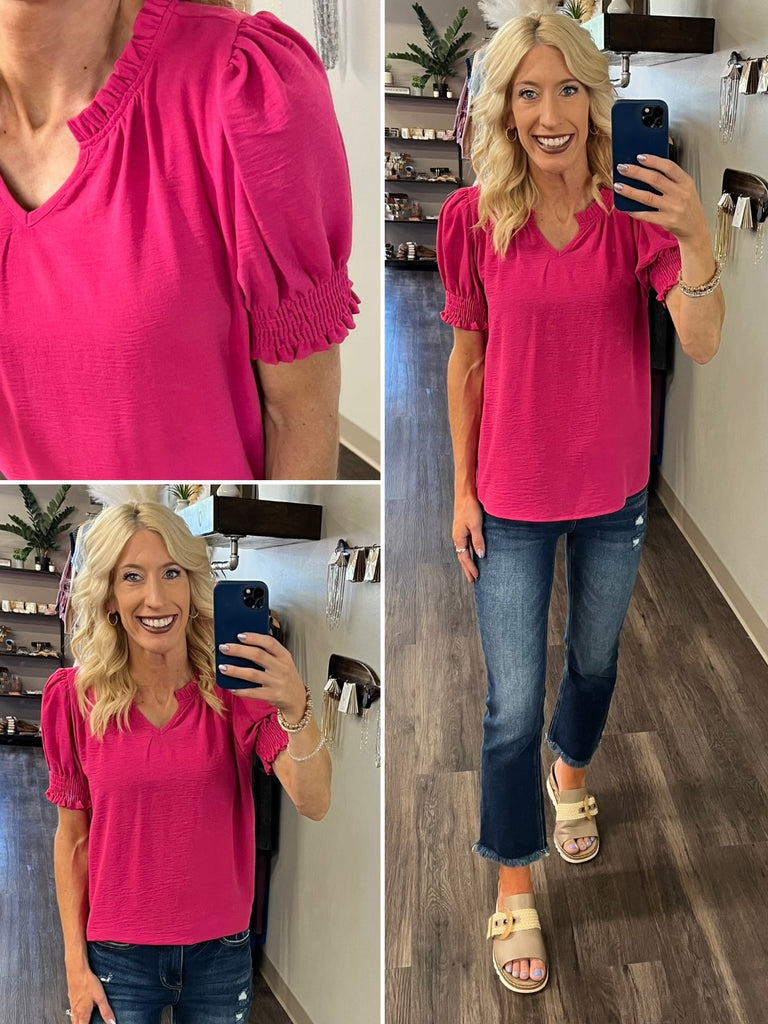 Lexi Smocked Sleeve Blouse - Hot Pink