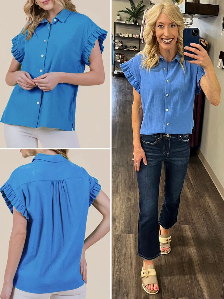 Anna Ruffle Accent Button-Up-Blue