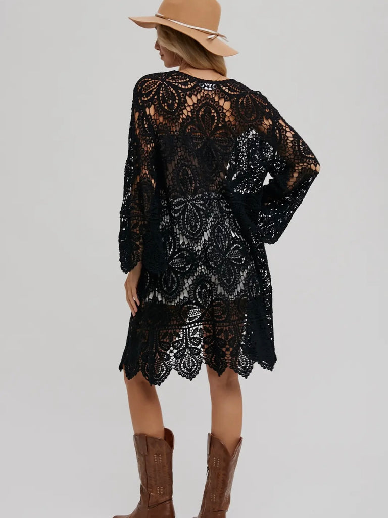 Kallie Crochet Bell Sleeve Cardi - Black