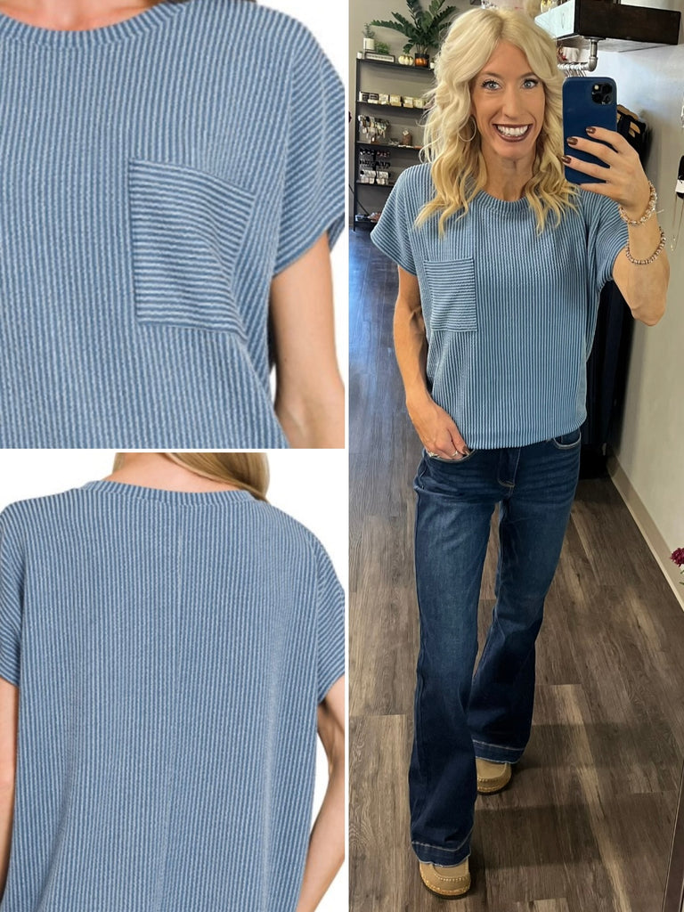 Tess Ribbed Pocket Tee - Blue