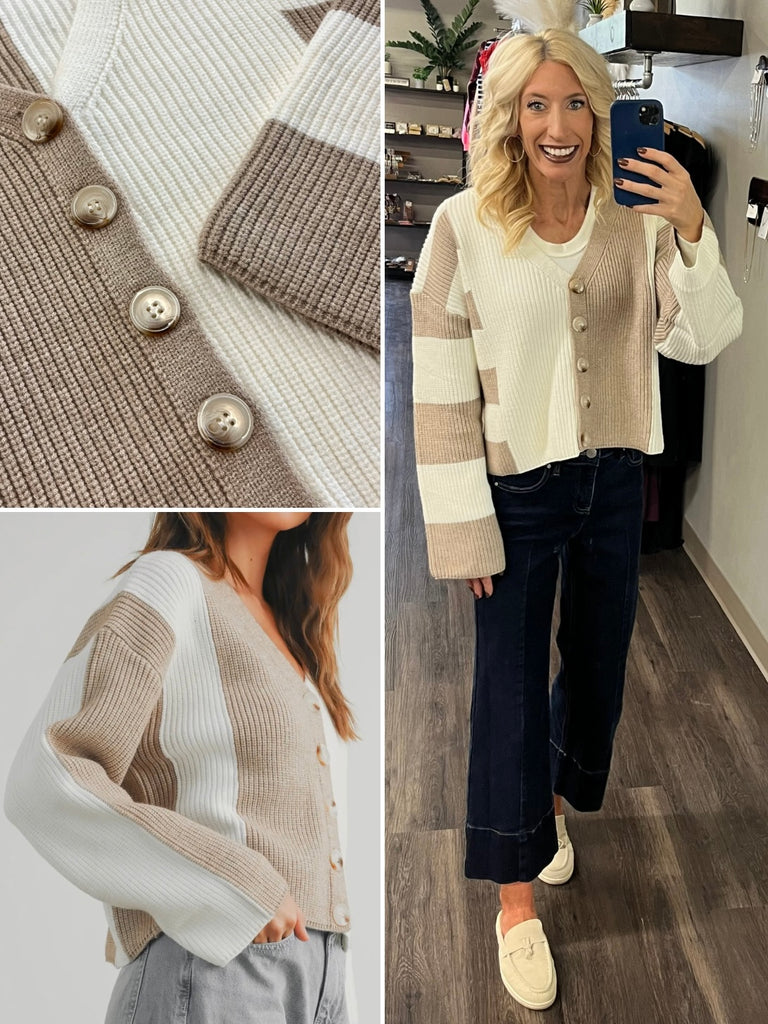 Rhonda Color-Block Cardigan - Taupe/Cream