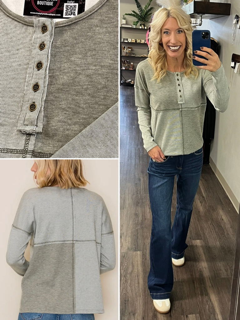 Eliza Button Color Blocked Top - Olive / Dark Olive