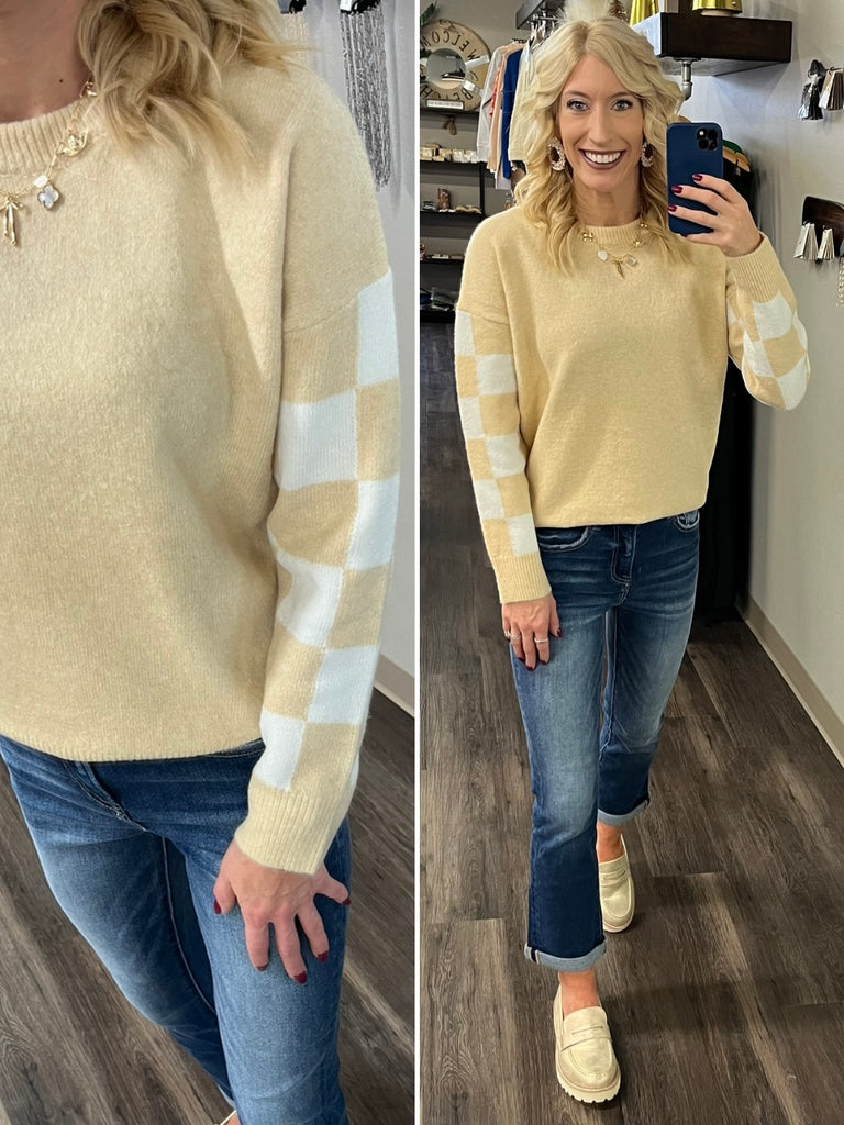 Tracy Check-Sleeve Sweater - Light Mustard