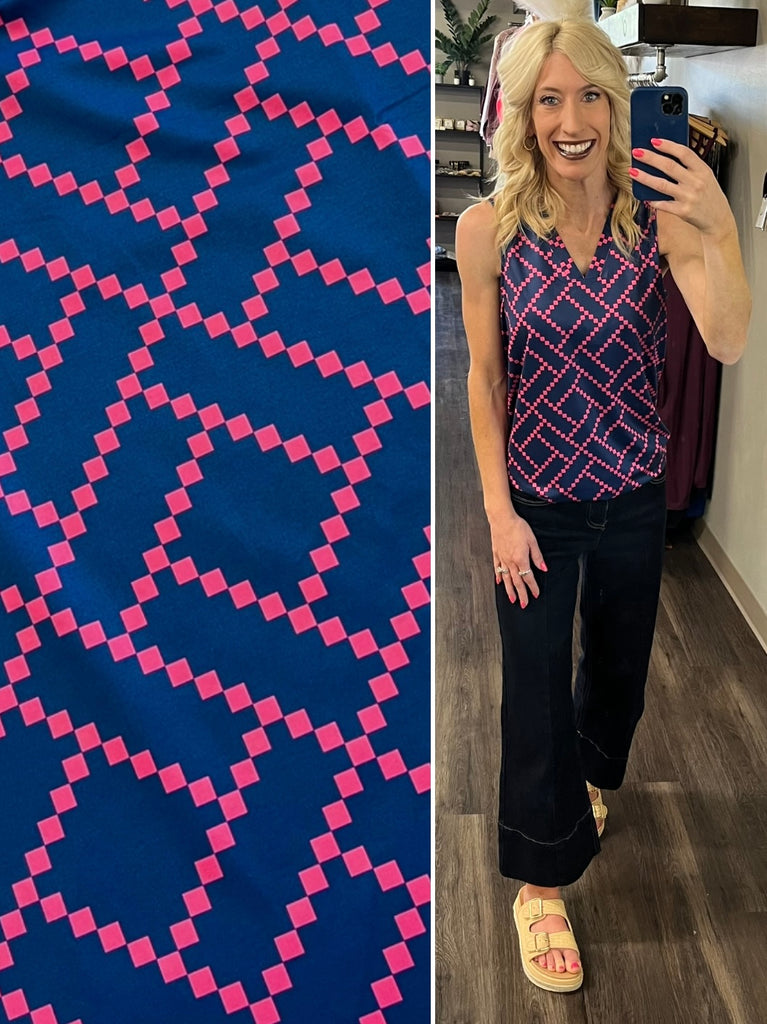 Poppy V-Neck Tank - Navy/Pink