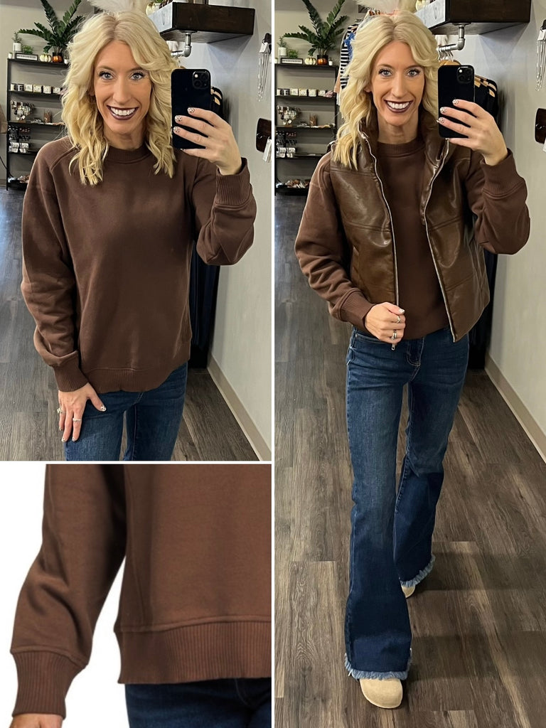 Riley Ribbed Accent Pullover - Brown