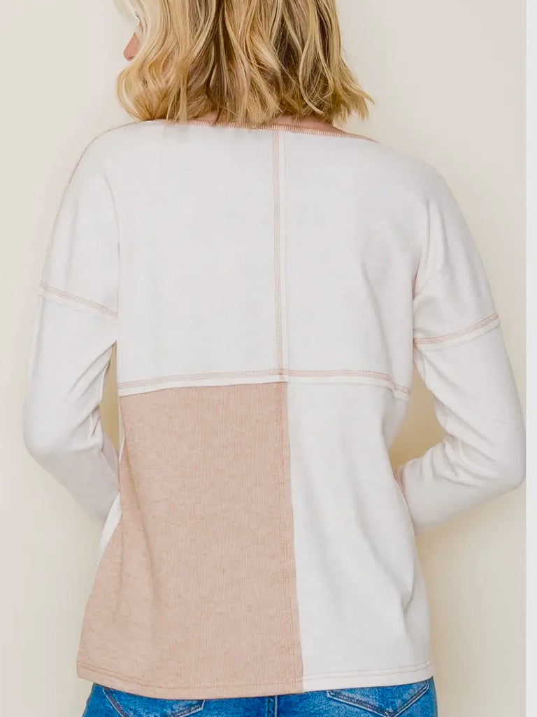 Eliza Button Color Blocked Top - Oatmeal/Taupe