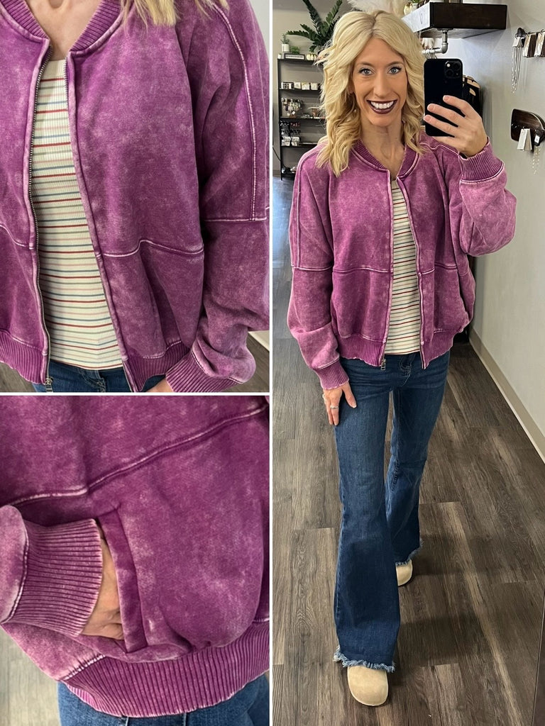 Jane Mineral Washed Bomber - Berry