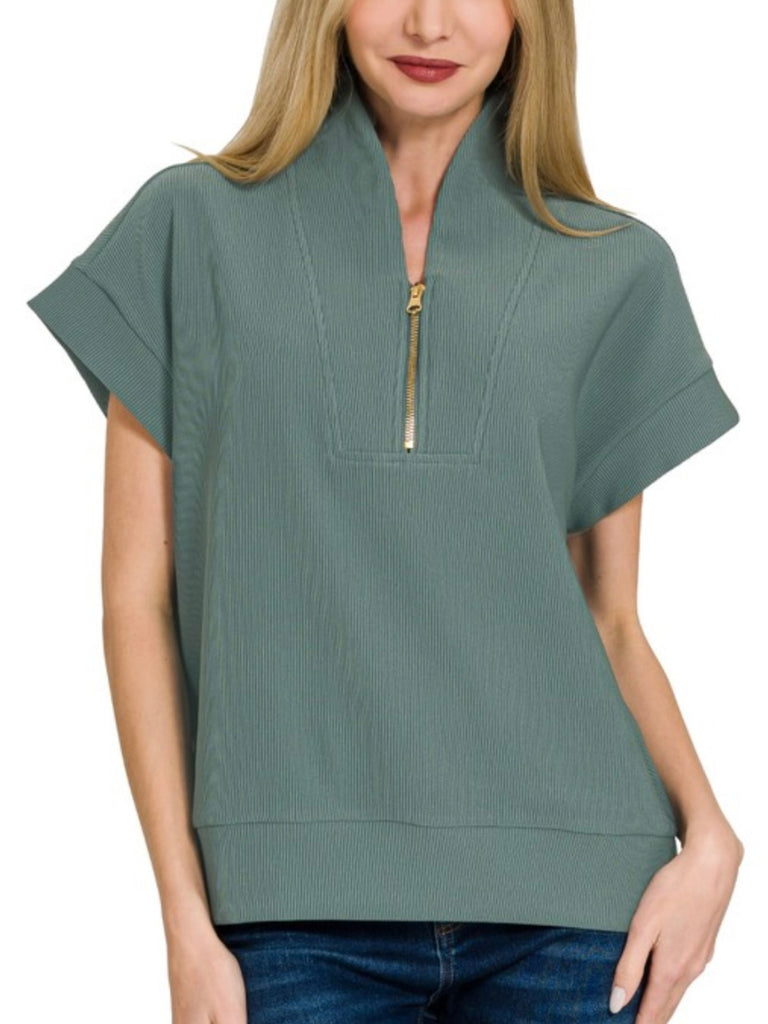 Kristina Ribbed 1/4 Zip Top - Jade