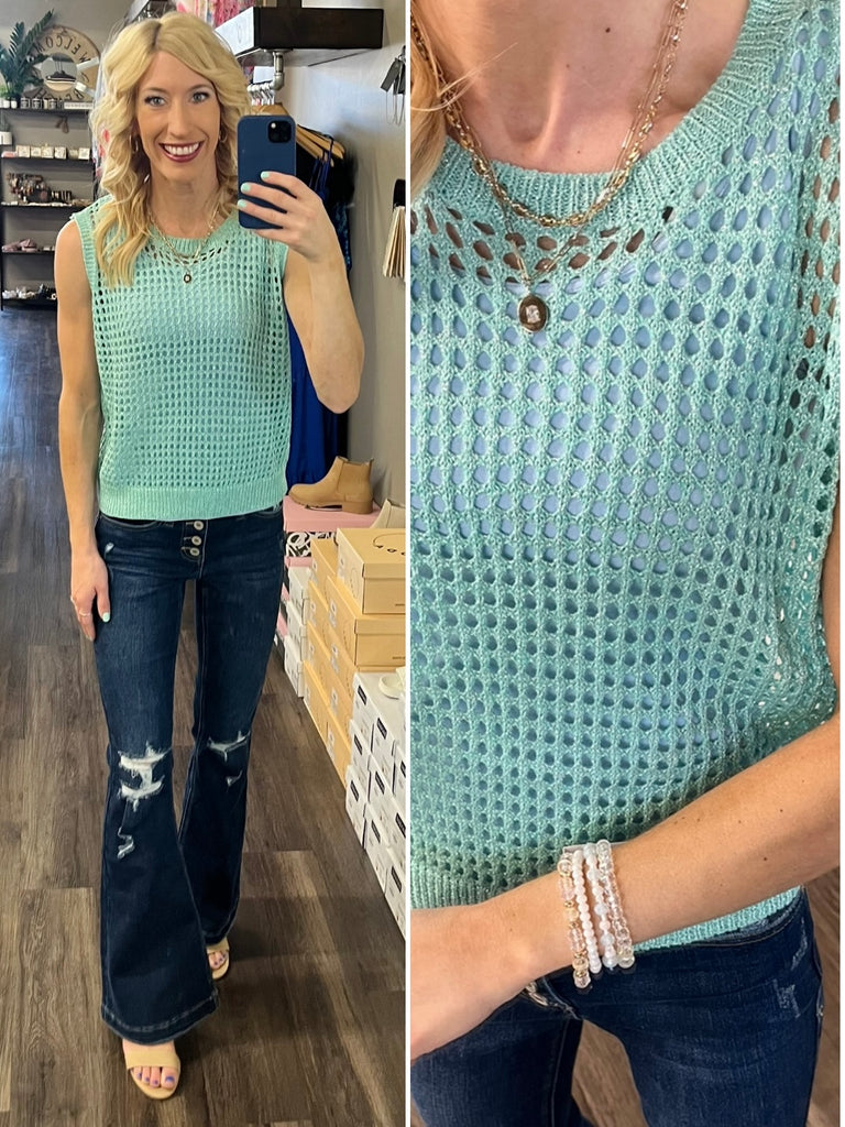 Leslie Open Knit Tank - Teal