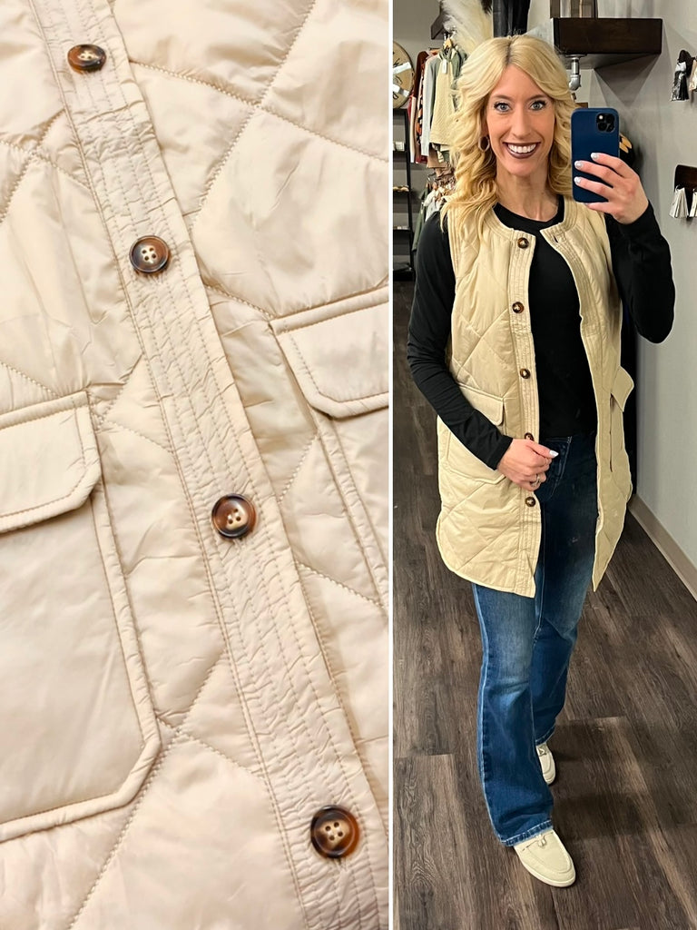 Zara Long Button Vest - Taupe