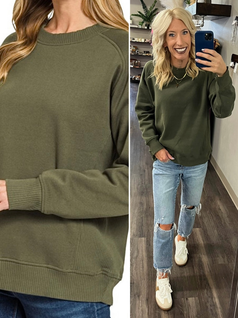 Riley Ribbed Accent Pullover - Evergreen Olive