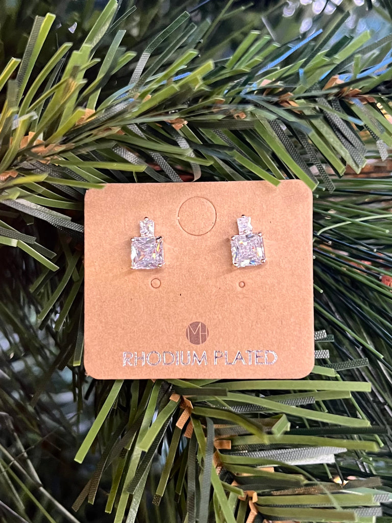 Misha Square Rhinestone Stud Earrings - Silver