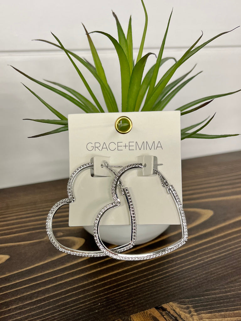 Emma Pave Heart Hoops - Silver