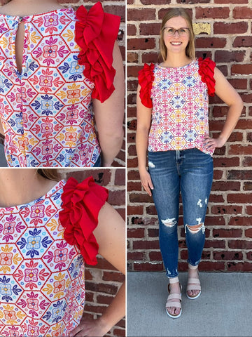 Ayla Scalloped Striped Tank - Red/Pink