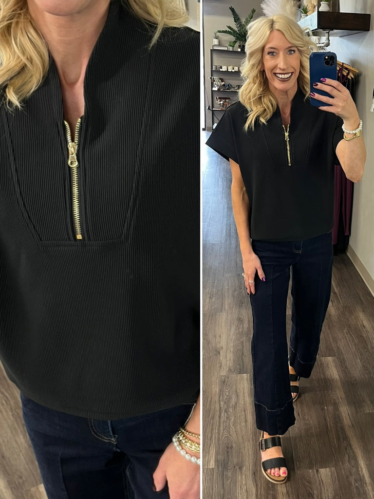 Kristina Ribbed 1/4 Zip Top - Black