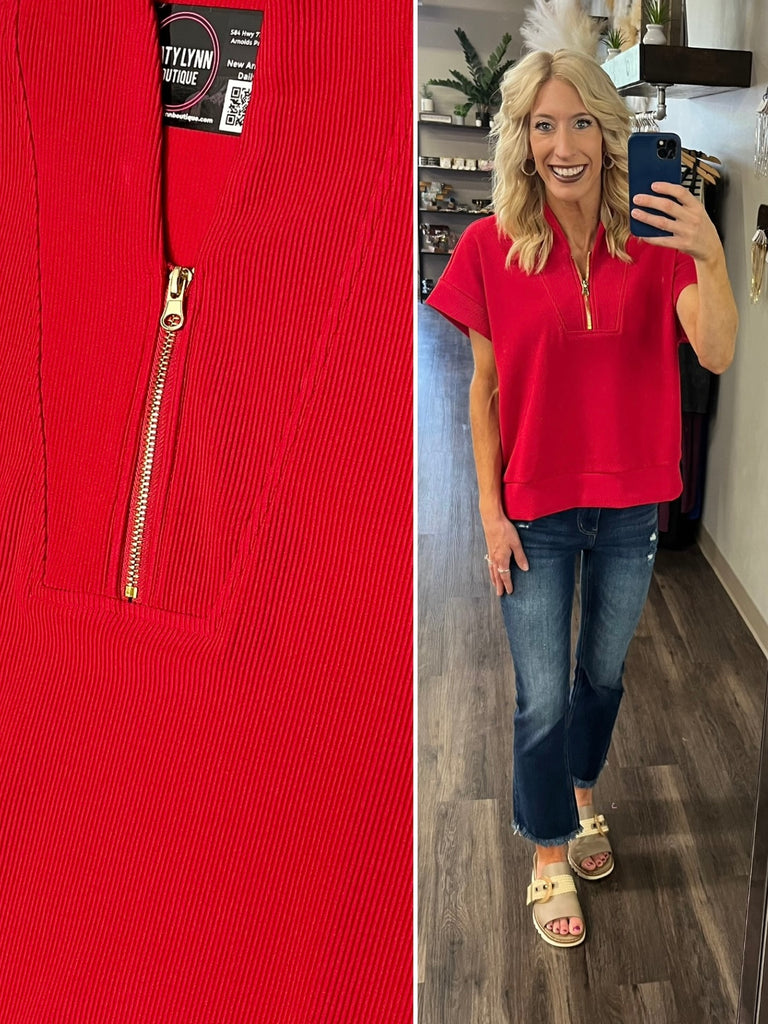 Kristina Ribbed 1/4 Zip Top - Red