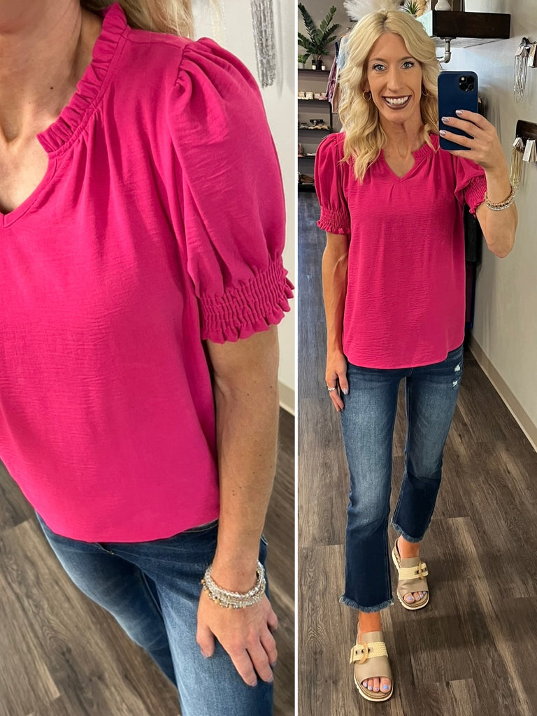 Lexi Smocked Sleeve Blouse - Hot Pink