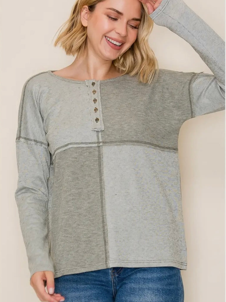 Eliza Button Color Blocked Top - Olive / Dark Olive