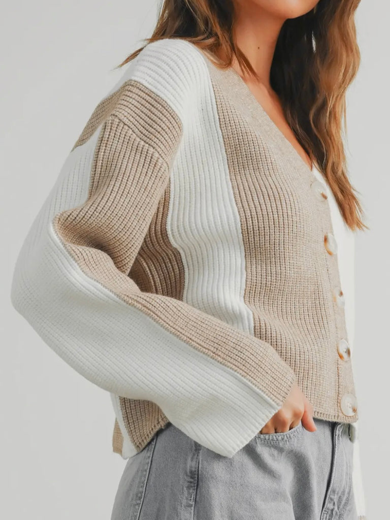 Rhonda Color-Block Cardigan - Taupe/Cream