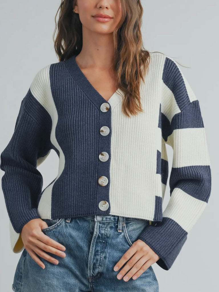 Rhonda Color-Block Cardigan - Navy/Cream