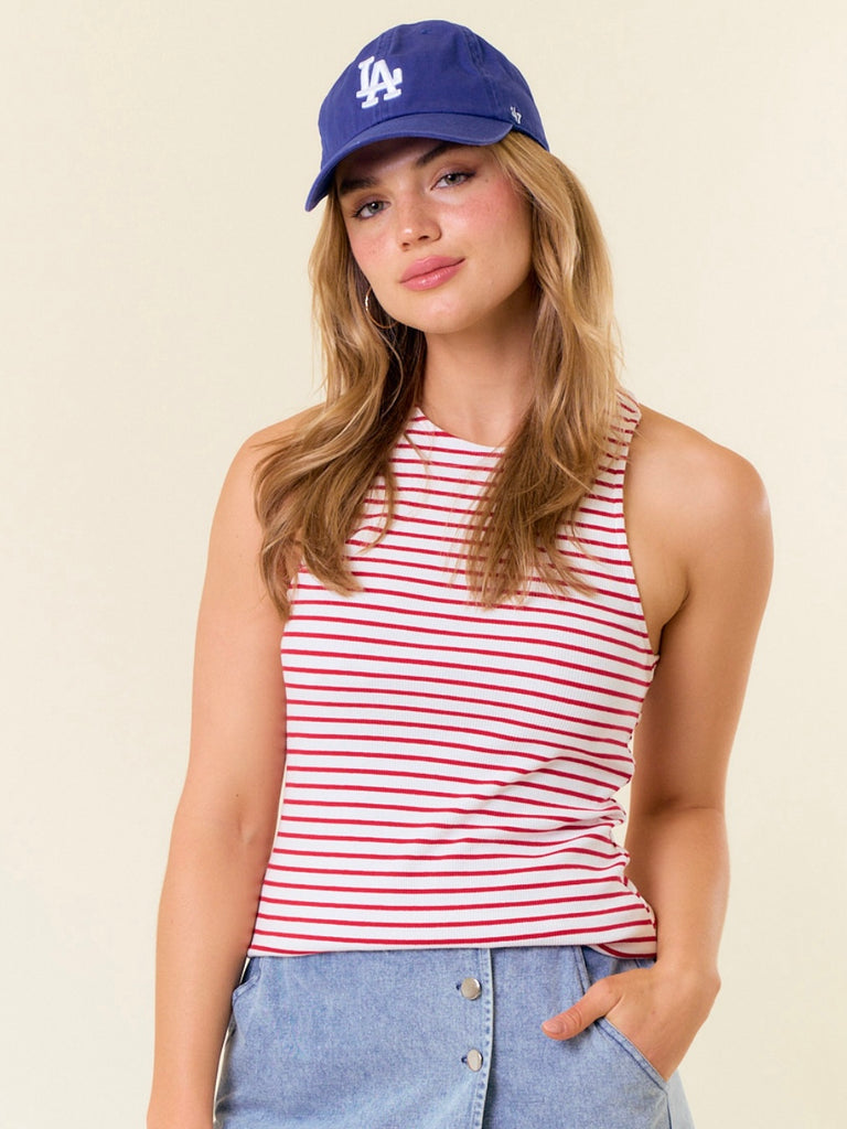 Angie Back-Cut Striped Tank - Red