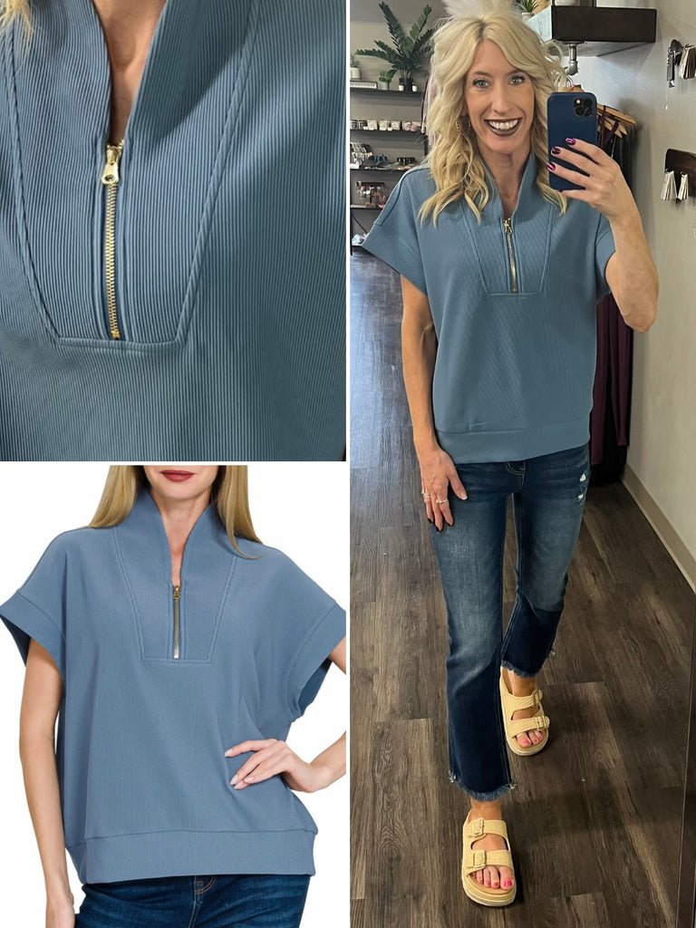 Kristina Ribbed 1/4 Zip Top - Cornflower Blue