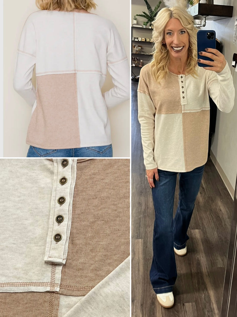 Eliza Button Color Blocked Top - Oatmeal/Taupe