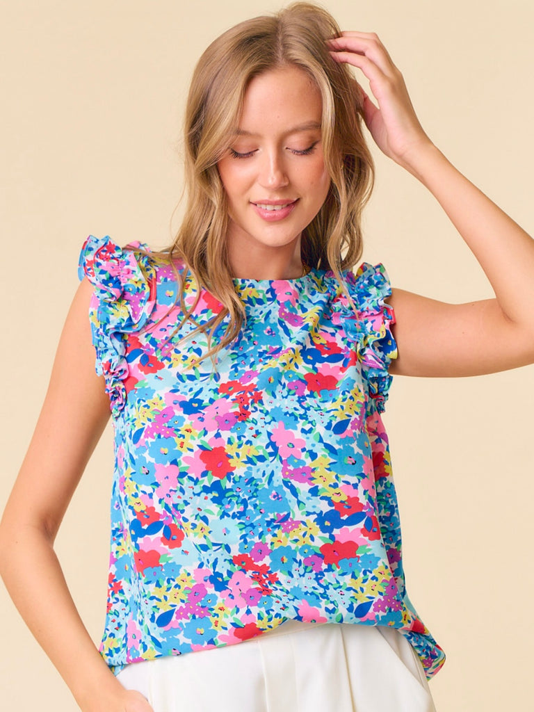 Rhonda Blue Floral Ruffle Sleeve Blouse