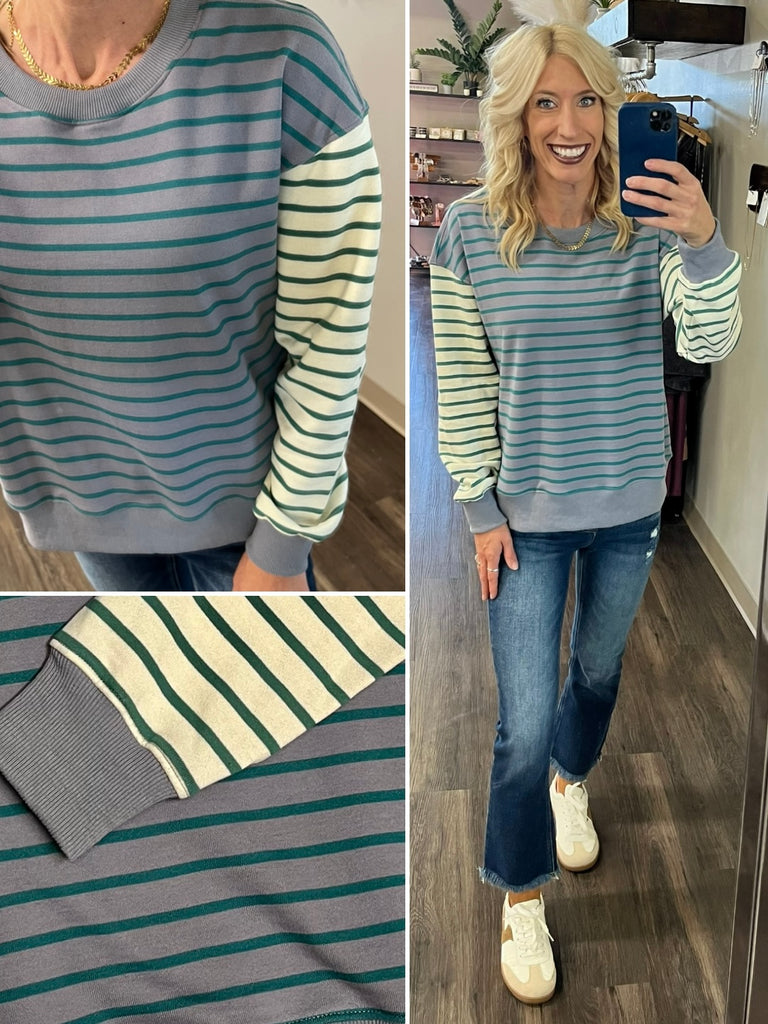 Tami Mixed Stripe Crewneck - Slate