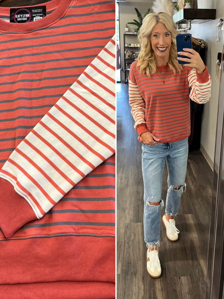 Tami Mixed Stripe Crewneck - Rust