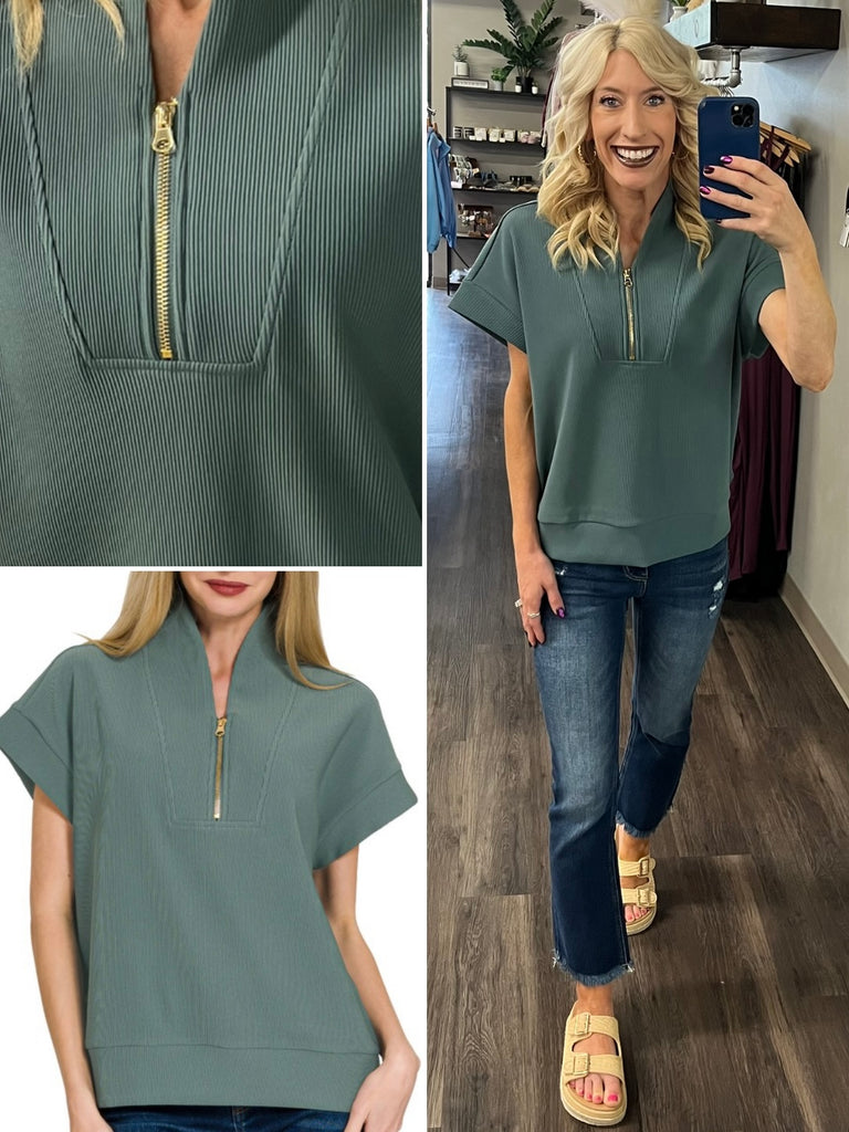 Kristina Ribbed 1/4 Zip Top - Jade