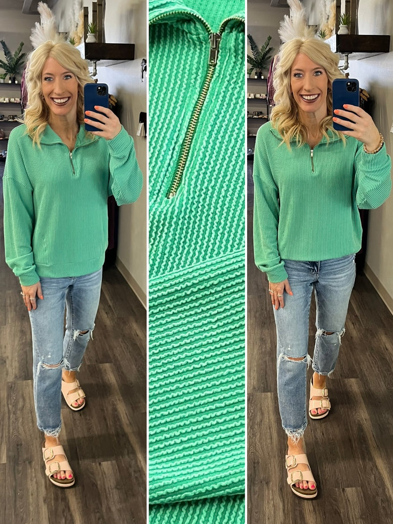 Mindy Ribbed 1/4 Zip - Green