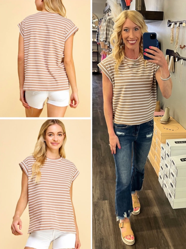 Britt Taupe & White Cap Sleeve Tee