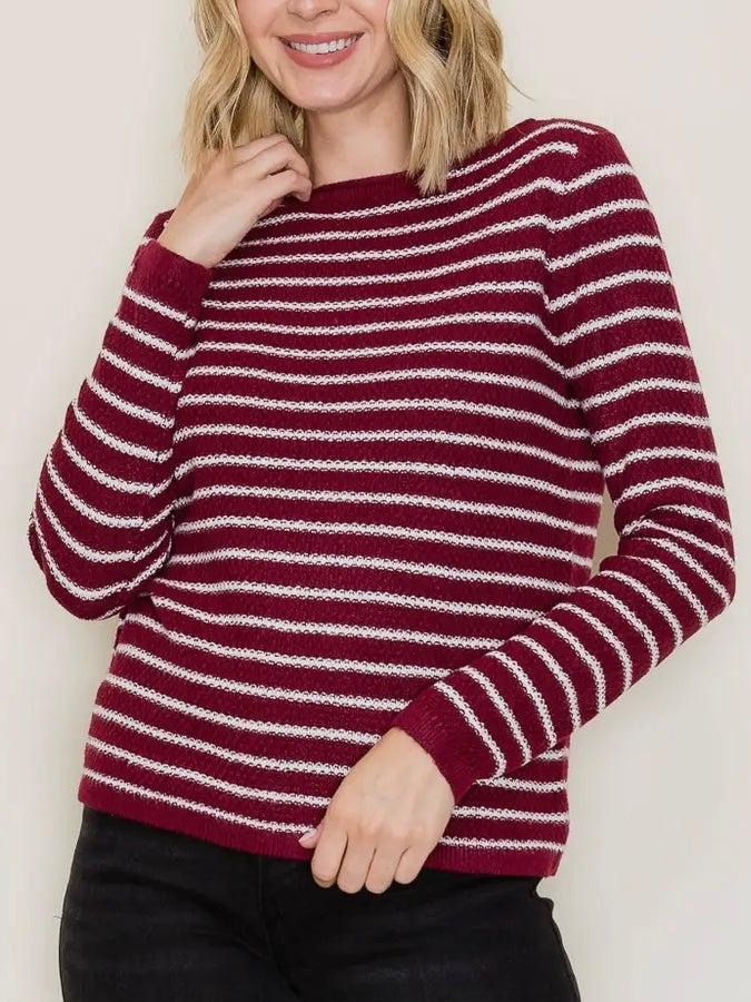 Lynda Striped Waffle Knit Sweater - Maroon