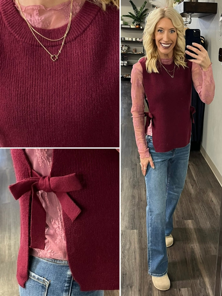 Lauren Side-Tied Sweater Vest - Burgundy