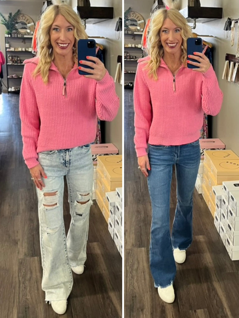 Rose Plush Zip Sweater - Bubble Gum