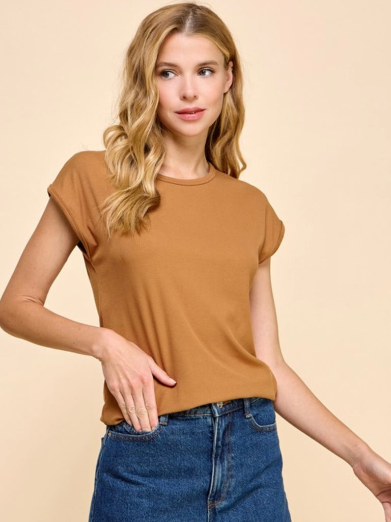Katrina Ribbed Cap Sleeve Top - Camel