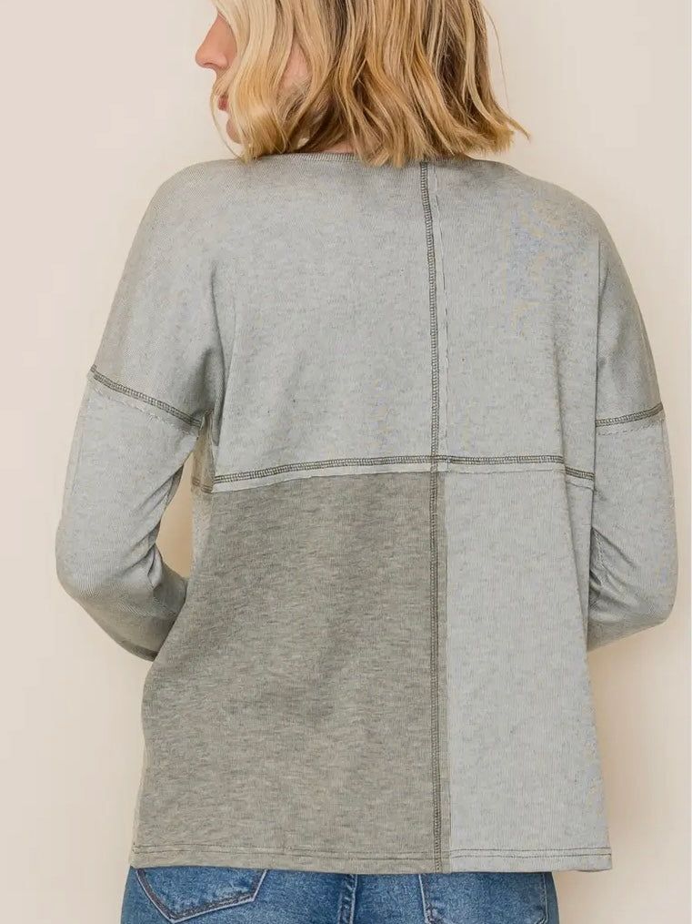 Eliza Button Color Blocked Top - Olive / Dark Olive