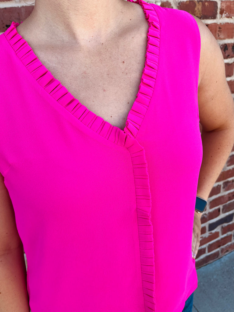 Sadie Ruffle V-Neck - Bright Pink