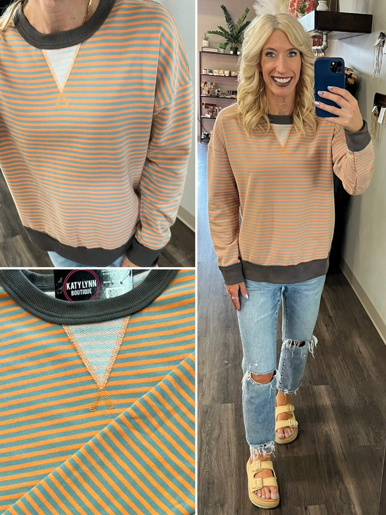 Everlee Sage/Orange Striped Crewneck