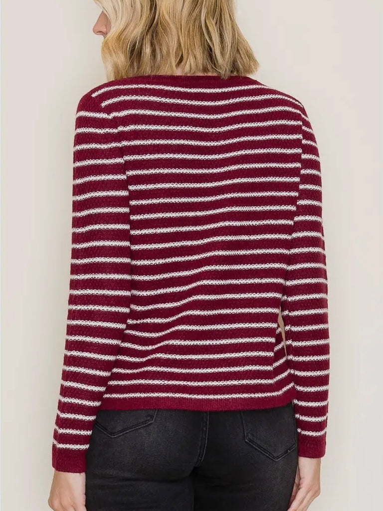 Lynda Striped Waffle Knit Sweater - Maroon
