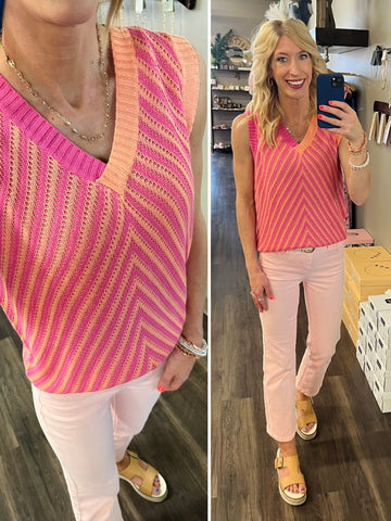 Ayla Scalloped Striped Tank - Red/Pink